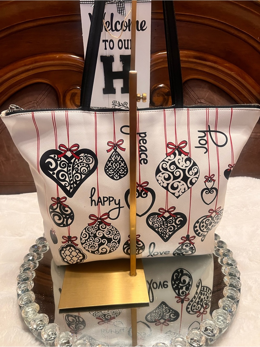 Brighton White and Black Heart & Ornament Motifs and Red Ribbon Accents tote bag - Picture 14 of 16